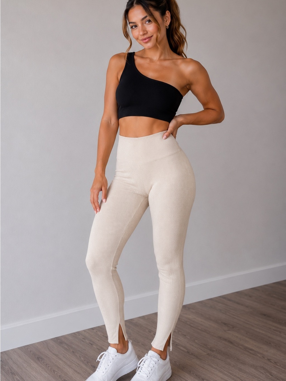 NWT OQQ One-shoulder black crop top & cream leggings Athletic Gym Workout set, M